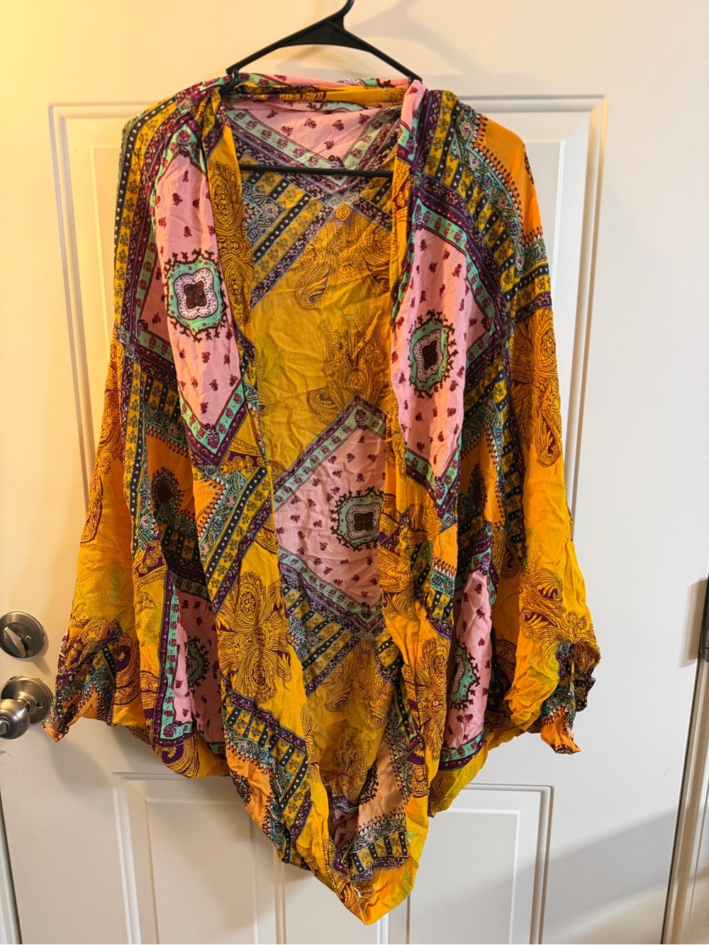 Easel Boho Patchwork Open Front Kimono Cardigan Mustard Pink Medium